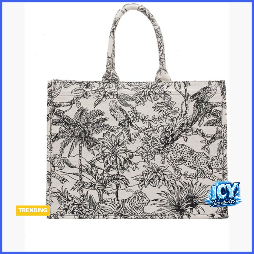 Linen Cotton Tote Bag With Floral Embroidery, Large Capacity Handbag